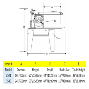 Line drawing of the footprint and dimension of the 16" Heavy Duty Radial Arm Saw.