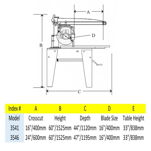 Line drawing of the footprint and dimension of the 16" Heavy Duty Radial Arm Saw.