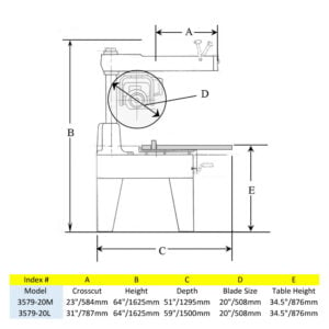 Line drawing of footprint and dimension of the 20" Metal Cutting Super Duty Radial Arm Saw.