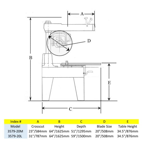 Line drawing of footprint and dimension of the 20" Metal Cutting Super Duty Radial Arm Saw.