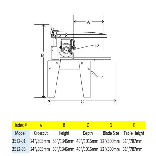 Line drawing of the footprint and dimension of the 12" Contractor Duty Radial Arm Saw.