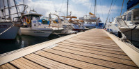 Wooden boardwalk in marina with boats tied up on either side