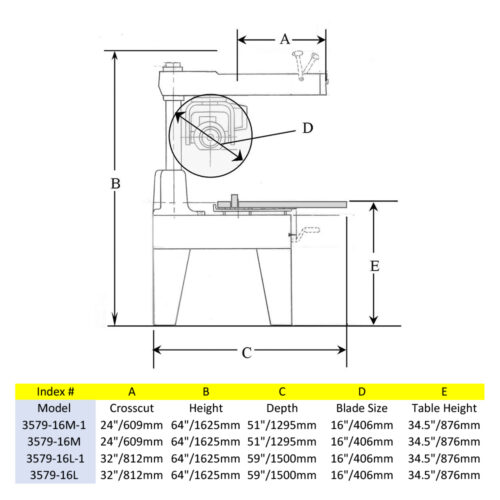 Line drawing of the footprint and dimension of the 16" Super Duty Metal Cutting Radial Arm Saw.