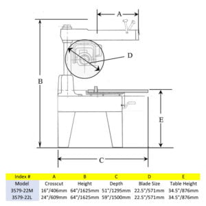 Line drawing of the Footprint and dimensions of the 22.5" Metal Cutting Radial Arm Saw