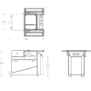 Line drawing with dimensions of Crosscut Power Saw Footprint