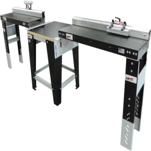 Wood Cutting Station with Saw Measuring System includes a Miter Saw Stand, 2) 4' Saw Measuring Systems with flip feet and 2) 4' Saw Flat Extension Tables