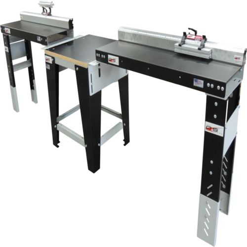 Wood Cutting Station with Saw Measuring System includes a Miter Saw Stand, 2) 4' Saw Measuring Systems with flip feet and 2) 4' Saw Flat Extension Tables