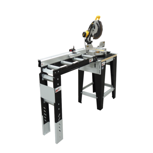 Miter saw sitting on Original Saw Company's Miter Saw Stand with a 4' Roller Extension Table and 4' Saw Measuring System with a Fixed Foot.