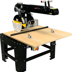 Radial Arm Saw with manual clamps set into the table.