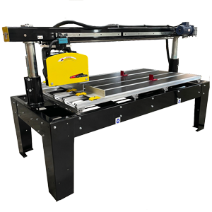 Semi Automatic Beam Saw with red Manual Clamps and an HDPE Black Plastic Table Insert Kit